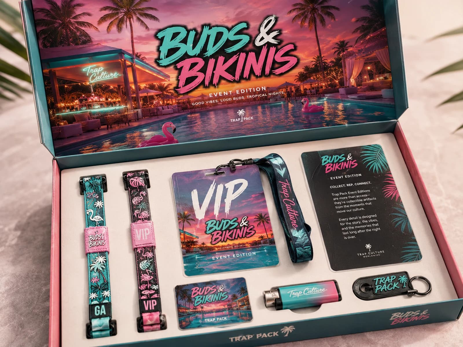 Open Buds & Bikinis Trap Pack collector box containing woven general admission and VIP wristbands, a VIP badge and lanyard, a lighter, keychain and event card.